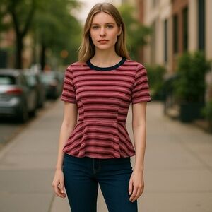 Bordeaux Red Pink Striped Top Size S